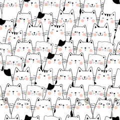 Draw seamless pattern cat Doodle cartoon style.