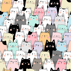 Draw seamless pattern cat pastel color.