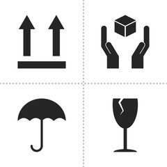 Vector set of 4 packaging stickers. This side up, handle with care, keep dry, fragile signs isolated. Care labels for packaging and delivery.