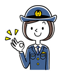 イラスト素材：若い女性警察官、OKサイン
