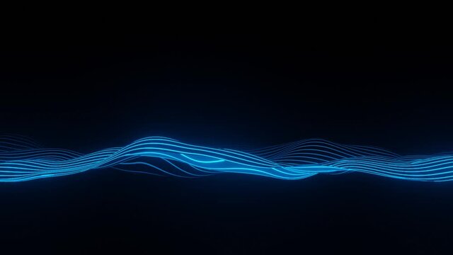 Waving lines creating Music visualizer with glowing blue colors. K-pop concert and music festival background. 3D rendering animation on blender. High quality FullHD footage