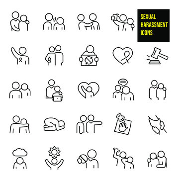 Sexual Harassment Thin Line Icons -  stock illustration. The icons include work and other situations of sexual harassment