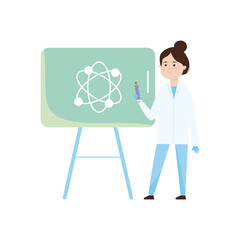 presentation board with coronavirus icon and cartoon research doctor woman standing, colorful design