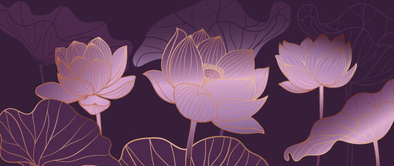 Luxurious Purple background design with golden lotus. Lotus flowers line arts design for wallpaper, natural wall arts, banner, prints, invitation and packaging design. vector illustration.