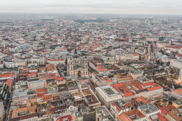 Aerial drone shot of St. Stephen Basilica at Budapest dawn sunrise in morning