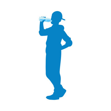 Blue contour of young man or boy drinking water vector illustration isolated.