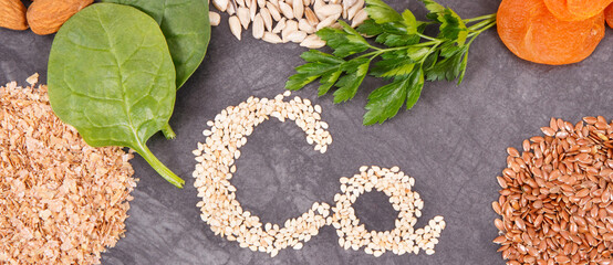 Different ingredients containing calcium, minerals and fiber. Healthy lifestyle and nutrition