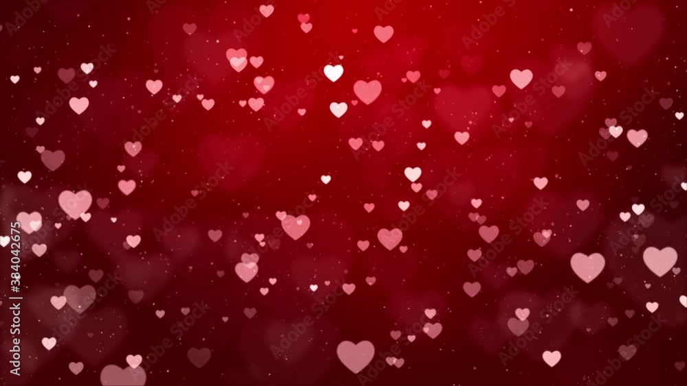 Poster abstract shining bokeh hearts particles motion loop 4k background. moving light red glitter lights, 