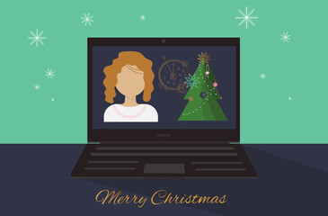 Remote New Year greetings during the pandemic and quarantine. The concept of remote communication via video communication from home. Vector image