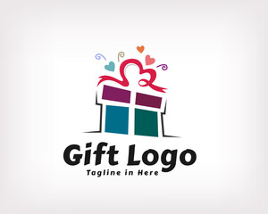 Gift box, gift package square surprise birthday, party love logo design illustration, gift shop logo