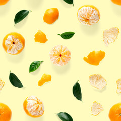 Mandarine seamless pattern, tangerine, clementine isolated on yellow background with green leaves. Collection of fine seamless patterns.