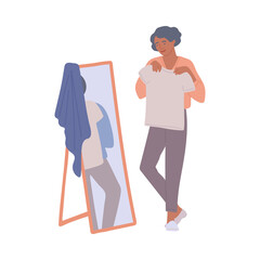Fototapeta premium African American woman trying on new clothes flat vector illustration isolated.