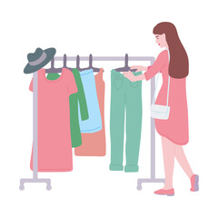 Vector flat illustration of girl at swap party, flea market or old things sale