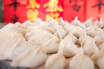 Close-up shot of dumplings for Chinese festival on tray