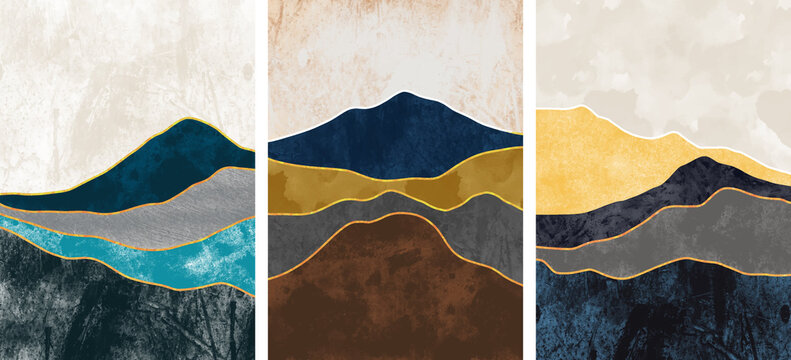Set of Abstract mountain landscape, Natural landscape background. Creative minimalist hand painted design for wall decoration, postcard or brochure design.vector illustration.