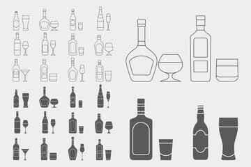 Alcohol drink Icons set - Vector outline symbols and silhouettes of glass, bottle, wine, beer, champagne, whiskey, vodka, cognac and others for the site or interface
