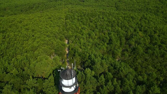 Texture Of Greenery Pine Forest At Stilo Lighthouse In Sasino, Poland On A Bright Day. - Aerial Drone Shot