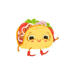 Taco dish cartoon character with childish face flat vector illustration isolated.
