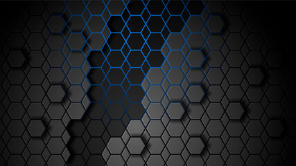 Hexagonal abstract metal background with blue neon light