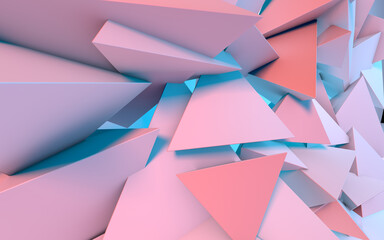 Abstract background with 3D shapes flying in pink and blue light as a messy array or chaotic structure for any pastel backdrop