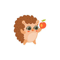 Cute forest hedgehog character holding apple, flat vector illustration isolated.