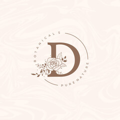 Letter D Botanical Flowers . Initial Wedding Monogram Font Logo. Circle Floral Rose Logo