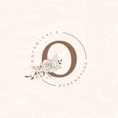 Letter O Botanical Flowers . Initial Wedding Monogram Font Logo. Circle Floral Rose Logo