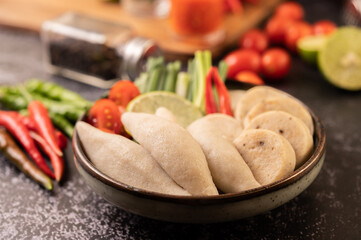 Rugby Fish Balls with Lemon Chili Paste, Tomato and Chili.