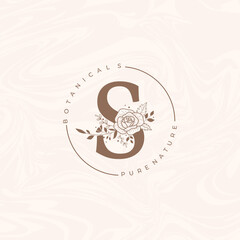 Letter S Botanical Flowers . Initial Wedding Monogram Font Logo. Circle Floral Rose Logo