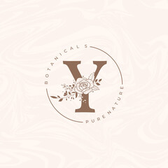 Letter Y Botanical Flowers . Initial Wedding Monogram Font Logo. Circle Floral Rose Logo