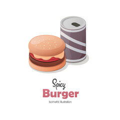 Fast food. Vector isometric illustration. Drink and hamburger. Isolated on white background. Unhealthy food.