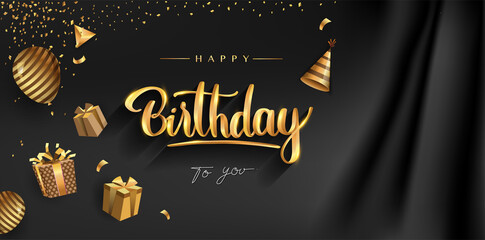 Fototapeta na wymiar Happy Birthday typography vector design for greeting cards and poster with balloon, confetti and gift box, elegant design with gold and black color, design template for birthday celebration.