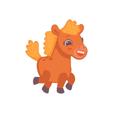 Little running pony horse cartoon character, flat vector illustration isolated.