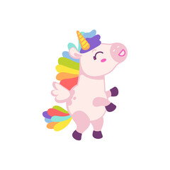 Cute baby unicorn with rainbow mane and tail flat vector illustration isolated.