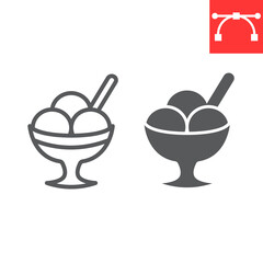 Ice cream in bowl line and glyph icon, dessert and cold, sorbet sign vector graphics, editable stroke linear icon, eps 10.