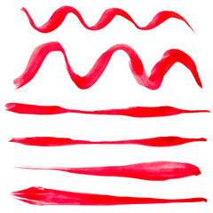 Grunge paint stripe vector brush stroke variable thickness. Distressed banner. Red isolated hand drawn paintbrush collection set. Modern Textured shape. Dry border in red.