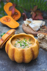 Pumpkin soup with blue cheese and herbs