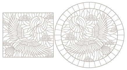 Set of contour illustrations of stained glass Windows with swans against the sky, dark outlines on a white background