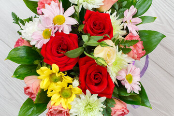 Top view of big bouquet of colorful different flowers.