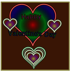 multicolored hearts on an orange background and the inscription Happy Valentine's Day. Suitable as a postcard or banner.