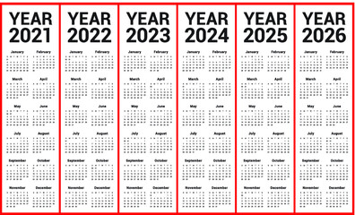 Year 2021 2022 2023 2024 2025 2026 calendar vector design template, simple and clean design