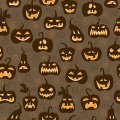 Seamless pattern on the theme of Halloween, different shapes of pumpkin heads on brown background, sepia