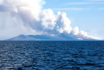 Fototapeta premium Wildfires in Yellowstone, Wyoming with the Yellowstone lake in the foreground. 