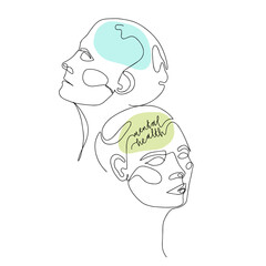 Mental Health For Women. One Line Drawing of Two Human Heads With Quote In Brain. Vector Illustration For Therapist And Psychologist