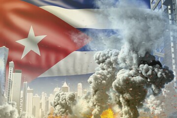 big smoke pillar with fire in the modern city - concept of industrial disaster or terroristic act on Cuba flag background, industrial 3D illustration