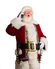 Cheerful Santa Claus chatting on cell phone, remote online Christmas congratulations concept ; isolated on white background 