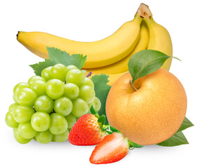 Banana Strawberry Snow Pear and Green grape with leaves isolated on white background With clipping path.