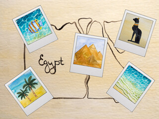 Fototapeta na wymiar Beautiful drawings on the Egyptian theme. Greeting card. Close-up