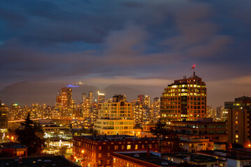 Vancouver, Canada - Circa 2020: Downtown Vancouver illuminated at night