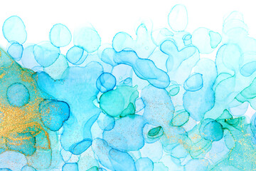 Transparent blue and gold watercolor drops on white background. Bubbles imitation.